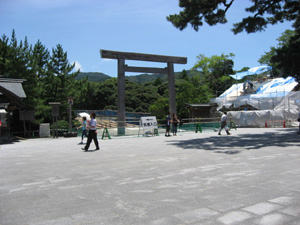 鳥居の下に、仮橋の案内